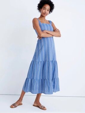 Madewell Blue Embroidered Button-Back Tiered Sundress Size 6